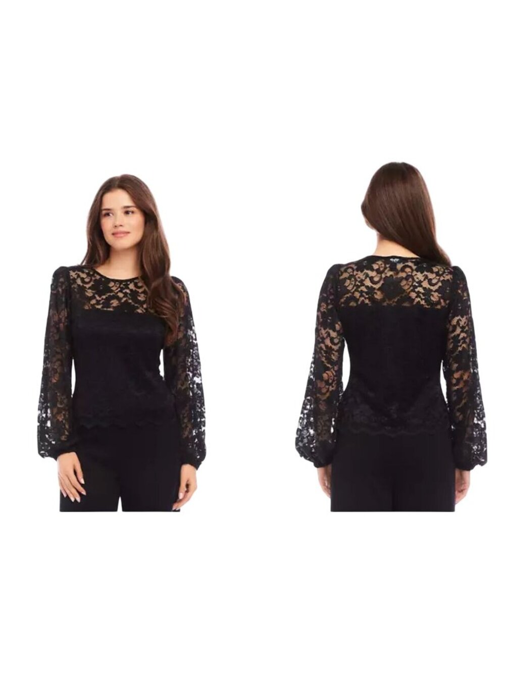 Karen Kane Black Lace Long Blouson Sleeve Lace Top Shirt Size S Blouse Scalloped